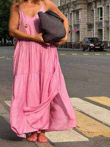 Long Pink Loose-Fitting Island-Style Dress With Straps, Perfect For Summer 2026 - 粉色 - 查看 6