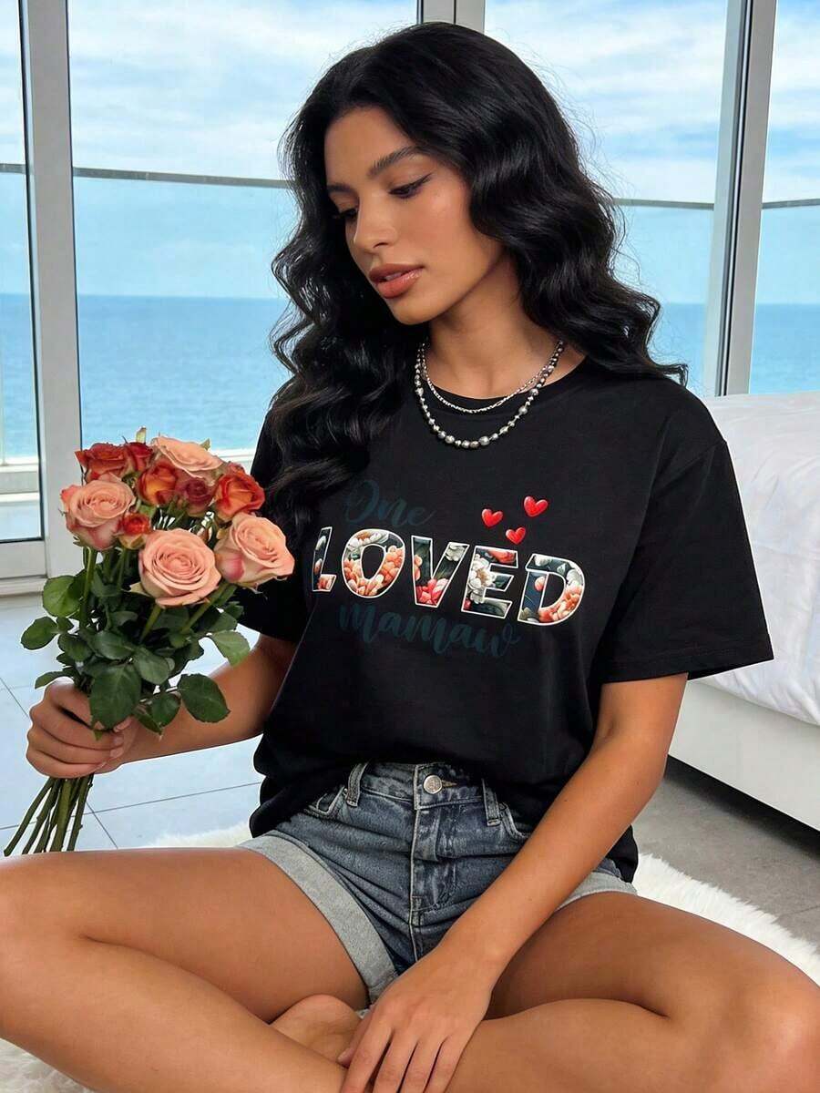 Women's Casual Cotton T-Shirt, Round Neck, Short Sleeve, With "Lovely Loved Mamaw" Graphic Print, Drop Shoulders, Perfect As A Mother's Day Gift - 黑色 - 查看 1