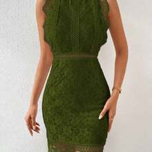Lunessa Guipure Lace Overlay Mock Neck Scallop Trim Dress - Verde militar - Ver 1