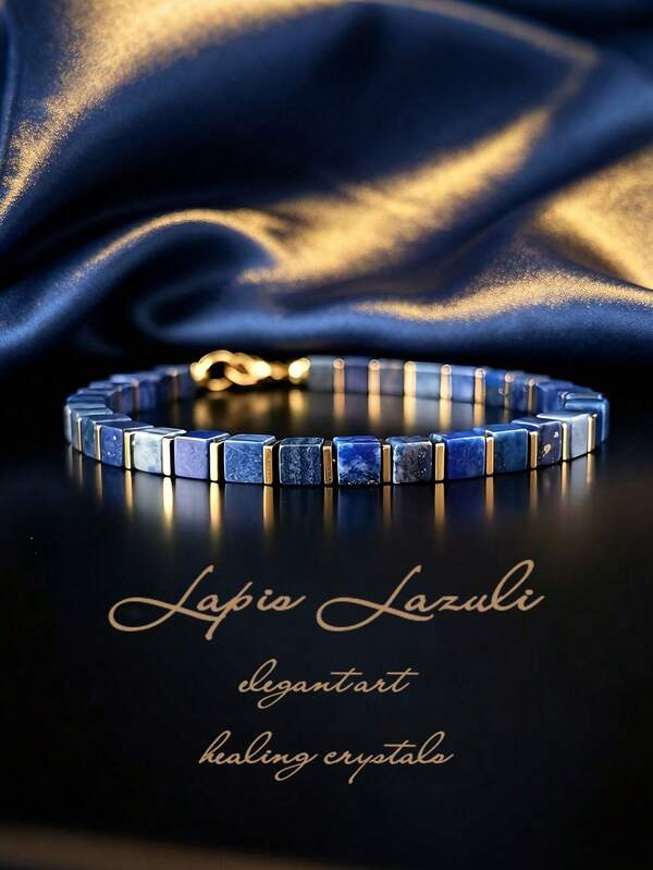 Pulsera cuadrada de lapislázuli | Acentuada con hematita dorada | Una creación elegante de un artista | Unisex | Regalo del Día del Padre