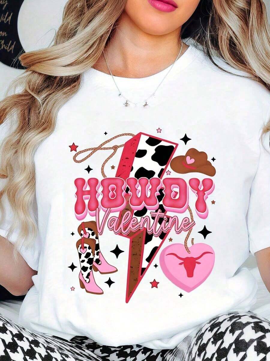 Women's Clothing Women's T-Shirt With "Howdy Valentine" Cowgirl Print, Pink Cow, Heart And Boots Design, Perfect For Valentine's Day And Western Themed Parties, Women's Shirts - 白色 - 查看 1