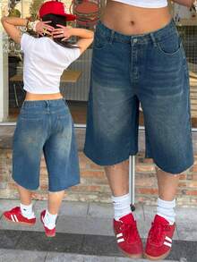 Shorts vaqueros de tiro alto, pierna ancha, tipo bermuda, sueltos y desgastados hasta la rodilla, para mujer, estilo callejero Y2K, casuales de verano - Azul retro - Ver 3