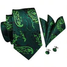 Set de 4 piezas de corbata con estampado floral verde jacquard para hombre, incluye pañuelo de bolsillo, gemelos aleatorios y pinza de corbata dorada, corbata formal festiva para ocasiones especiales - Verde - Ver 2