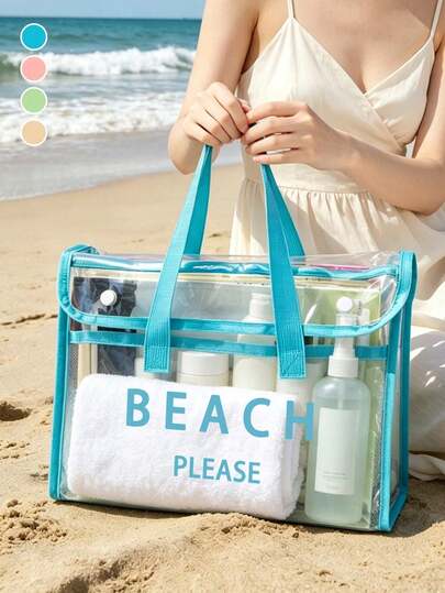 PVC Waterproof Beach Bag With Colorful "BEACH PLEASE" Pattern,Women's Beach Bag, Transparent Tote Bag, Jelly Tote Bag, Large Pool Handbag, Cruise Holiday Essential, Beach Bag Accessories, Travel Essential,Suitable For The Beach, Travel, Shopping, Outdoor Activities, Work, School, And Everyday Use,Unique Birthday Gifts, Holiday Gifts, Party Gifts, Mother's Day Gifts, Vacation Gifts, Wedding Gifts, Back-To-School Gifts