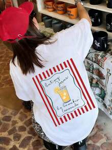 1 Piece Of Women's Short-Sleeved Round Neck T-Shirt With Cartoon Print Of Iced Lemonade And Vertical Stripes, Suitable For Summer, Beach, Street, Daily Wear, Work, Office Party, Going Out, Festival, Music Festival, Valentine's Day, Casual Party, White Color. - 白色 - 查看 6