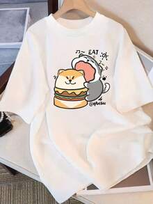 Modern Minimalist T-Shirt For Women - Cute Shiba Inu Pattern Design And Japanese Style, Short Sleeve Summer Casual Clothing, Loose Anime Style Top, Lightweight Fabric, Relaxed Weekend Style, Casual Youth Fashion For Everyday Wear. - 白色 - 查看 1