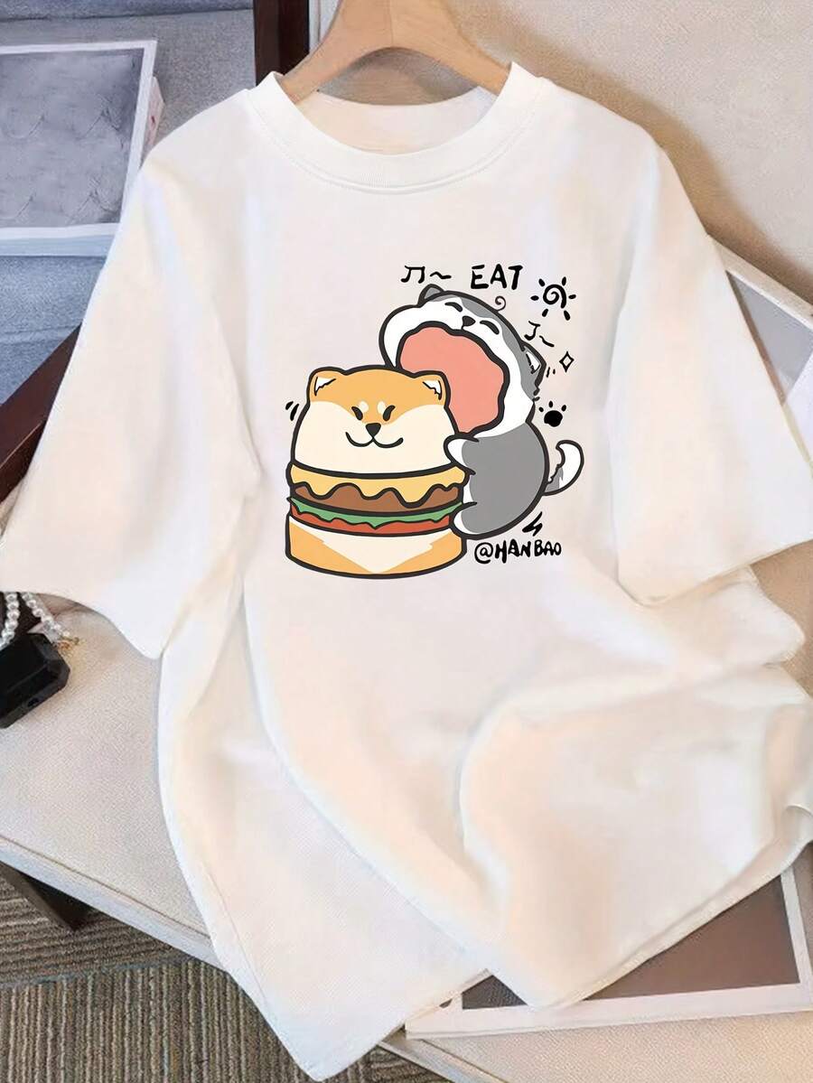 Modern Minimalist T-Shirt For Women - Cute Shiba Inu Pattern Design And Japanese Style, Short Sleeve Summer Casual Clothing, Loose Anime Style Top, Lightweight Fabric, Relaxed Weekend Style, Casual Youth Fashion For Everyday Wear. - 白色 - 查看 1