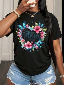 Women's T-Shirt With Heart, Butterfly And Flower Design "World's Best Mom", Mother's Day Gift, Casual Summer Top, 220g - Urban Vintage Style, Unisex, Loose Fit, Cotton, Short Sleeve, Round Neck, 100% Pure Cotton - 黑色 - 查看 3