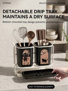 Cute Cat Print Kitchen Utensil Holder, Wall Mount Or Countertop Chopstick Caddy With Drain Base, Durable & Easy To Clean, Multi-Functional Organizer For Spoons, Forks & Kitchen Tools, Ideal For Small Kitchen - Multicolor - View 10