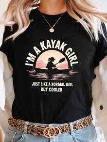 I M A KAYAK Printed T-Shirt, Casual Short Sleeve Round Neck Top, Women's Spring/Summer Clothing, Women's Blouses - 黑色 - 查看 1