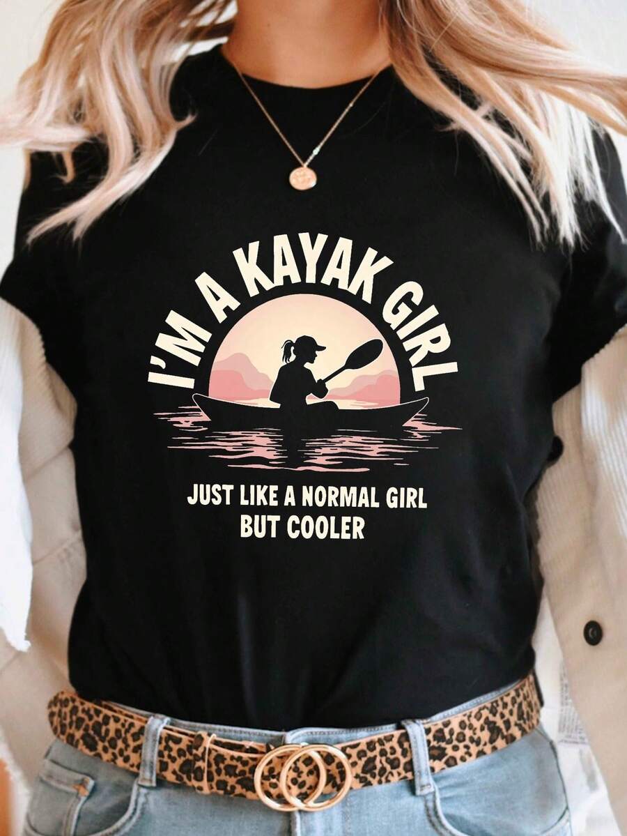 I M A KAYAK Printed T-Shirt, Casual Short Sleeve Round Neck Top, Women's Spring/Summer Clothing, Women's Blouses - 黑色 - 查看 1