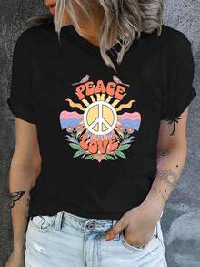 Women's Vintage Peace And Love Print T-Shirt - Casual Short-Sleeved Crew Neck T-Shirt With Geometric Sunburst And Peace Symbol Prints, Made Of Machine-Washable Medium-Stretch Fabric, Suitable For Spring And Summer. Comfortable T-Shirt For Everyday Wear, Bohemian Style, Comfortable Fit Blouse For Women. - 黑色 - 查看 6