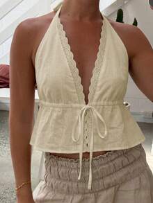 Áo hai dây cotton trắng mùa hè Vellofy dành cho nữ, kiểu dáng ngắn, viền ren, buộc dây phía trước, thích hợp cho kỳ nghỉ biển thanh lịch. - Màu Khaki - Xem 11