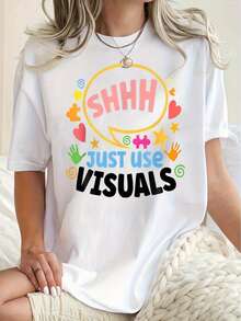1 pieza de camiseta casual de cuello redondo para mujer con estampado de patrón geométrico, top de moda para todas las estaciones, colorido, con elementos decorativos, manga corta, cómodo para vacaciones, regalos de Pascua. - Blanco - Ver 1