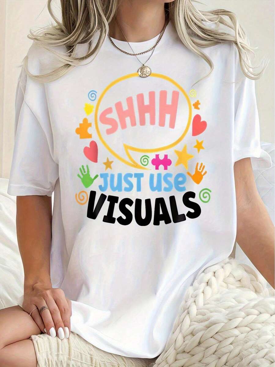 1 pieza de camiseta casual de cuello redondo para mujer con estampado de patrón geométrico, top de moda para todas las estaciones, colorido, con elementos decorativos, manga corta, cómodo para vacaciones, regalos de Pascua. - Blanco - Ver 1