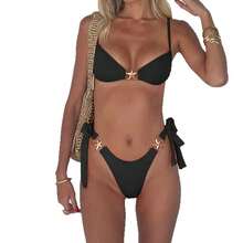Sexy Two-Piece Bikini For Women, Adjustable Lace-Up Design With Starfish Embellishment, Solid Color - FF1179-bK - View 6