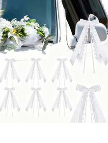 48pcs White Lace Bow Ribbons Wedding Car Rearview Mirror & Chair Back Decorative Bow Ribbons DIY Gift & Floral Packaging Heart-Shaped Bow Ribbons Suitable For Weddings, Parties, And Home Decor - White - View 4