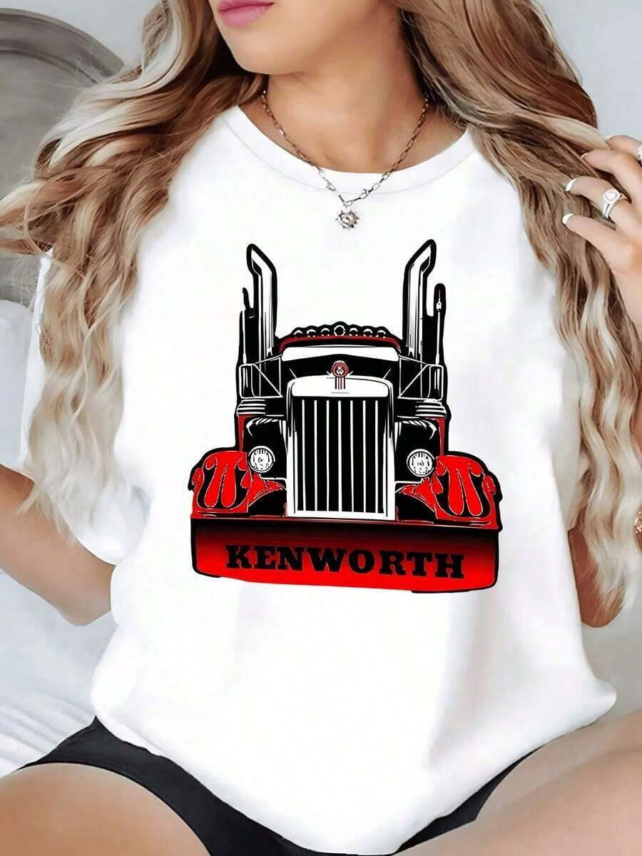 100% Cotton. Classic Truck Front In Red And Black Tones Symbolizing Strength And A Traveler's Spirit, Ideal For Road Lovers. Women's T-Shirt, 100% Cotton, 220g. Women's Simple Solid Color T-Shirt, Loose And Slim Fit Casual Short Sleeve - 白色的 - 查看 1