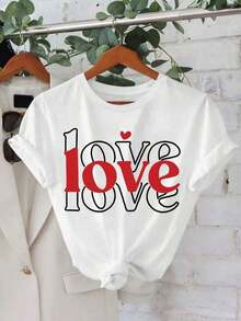 Women'S White & Red LOVE Print T-Shirt With Heart & Lettering| Casual Short Sleeve Round Neck Top, Breathable Non-Sheer Fabric, Machine Washable Opaque Tee For Spring Summer, Valentine'S Day Out - White - View 1