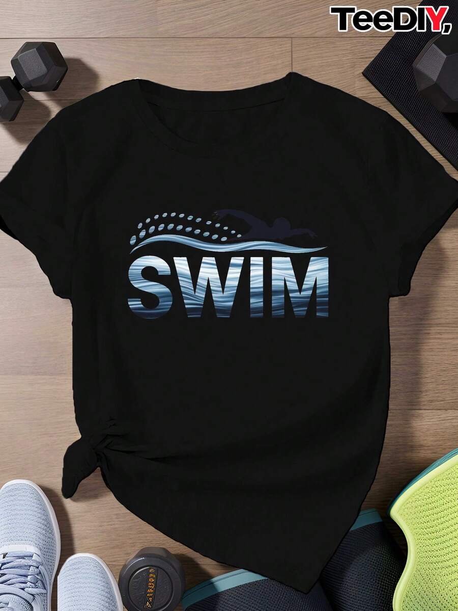SuaveWomen's Plus Size T-Shirt With Wave Print And The Letter SWIM - Turquoise Blue, Water Wave Print, Short Sleeve, Beachwear, Quick-Drying Casual Swim Top For Pool, Surfing, Water Activities (Machine Washable, For All Seasons) - New Arrival - 黑色 - 查看 1