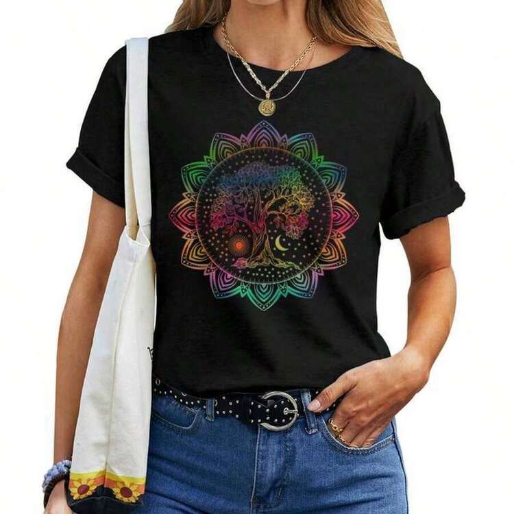 Camiseta para Mujer con Diseño de Mandala, Luna, Árbol de la Vida y Chakras Espirituales - Negro - Añade 7