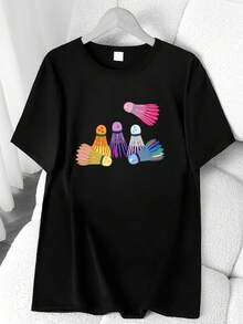 Colorful Badminton Print T-Shirt. Available In 6 Colors, Short Sleeves, Round Neck, High-Stretch Casual Sports Top. Machine Washable. Suitable For Spring And Summer. Can Be Worn In All Seasons. Women's Clothing. Elegant Party Outfit, T-Shirt For Stylish Ladies, Blouses Suitable For Curvy Women, Casual Wear, Cool And Breathable Summer Wear, Fun Letter Print. - 黑色 - 查看 1
