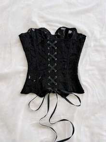 Corset ajustado de dos capas con diseño vanguardista y sexy, propio de vacaciones, para jóvenes de estilo europeo y americano, en color caqui con bordado calado - Negro - Ver 2