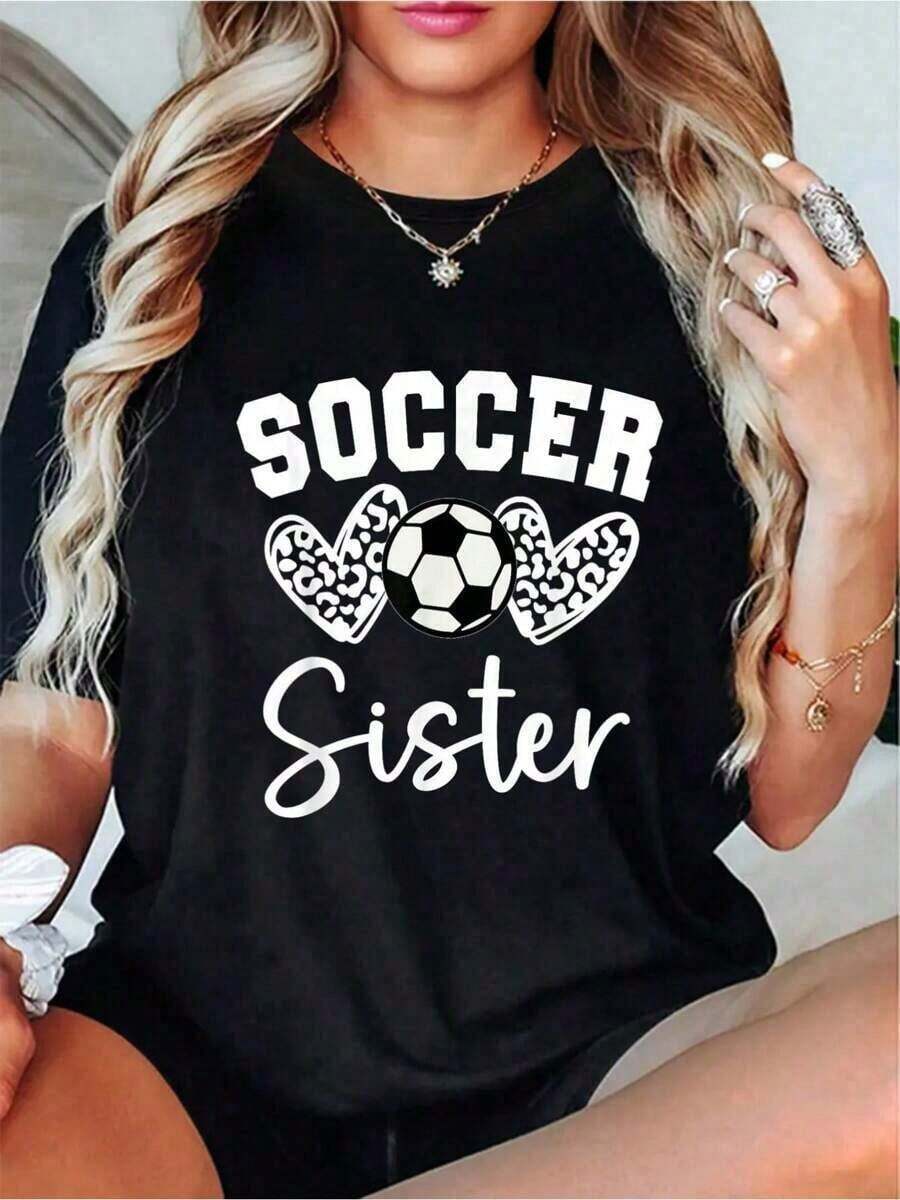 1 Piece Matching Soccer Jersey For Sisters, Casual Short Sleeve T-Shirt - Short Sleeve, Casual, Breathable, Comfortable, Essential For Summer And Spring - Women's Clothing, Graphic Print T-Shirt For T-Shirt Lovers, 180g 100% Cotton - 黑色 - 查看 1