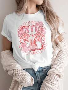 Women's Casual Sports T-Shirt, Crew Neck T-Shirt, ROCK ROLL Wild About, Rock T-Shirt, Women's Top, Music Theme, Valentine's Day Gift, Guitar Design, Concert T-Shirt, Comfortable All-Season Top - 白色 - 查看 1