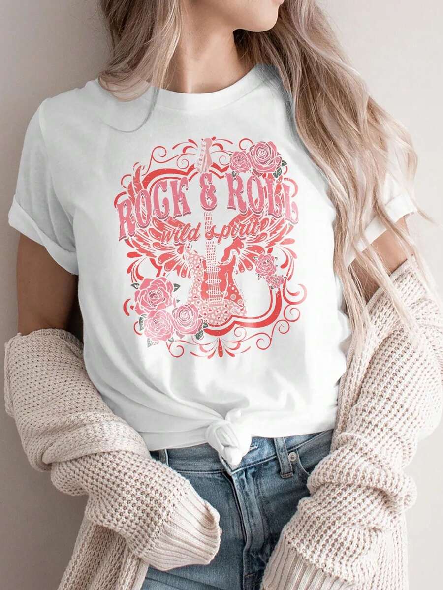 Women's Casual Sports T-Shirt, Crew Neck T-Shirt, ROCK ROLL Wild About, Rock T-Shirt, Women's Top, Music Theme, Valentine's Day Gift, Guitar Design, Concert T-Shirt, Comfortable All-Season Top - 白色 - 查看 1