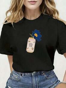 PremiumComfortable Wo's Y2K Printed Crew Neck T-Shirt - Summer Top Suitable For Women - Casual Outfit To Match With Jeans - Short Sleeve Printed T-Shirt For Spring Summer, Personalized Top, Gift Idea - 黑色 - 查看 7