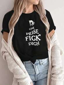 Camiseta de Verano Premium Estampada para Mujer, Talla Grande, Casual, con Estampado de Lema, Cuello Redondo y Mangas Cortas, Diseño Artístico de Dedos en Negro para Verano - Negro - Ver 3