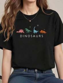 Fashion Printed T-Shirts For Women, Oversized Streetwear Tops, Comfortable And Stylish All-Match Summer Tees. Dinosaur Print T-Shirt, 220g Cotton, Casual Summer Crew Neck Short Sleeve T-Shirt (1 Unit) - 黑色 - 查看 5