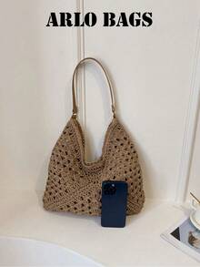 Questa borsa a spalla intrecciata è un must-have per le vacanze estive. Con il suo interno spazioso, il design traforato e le maniglie in pelle, è perfetta per le gite in spiaggia, lo shopping e i weekend fuori porta, rendendola una scelta ideale per gli appassionati di viaggi. - Cachi - Visualizzare 4