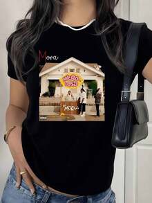 2026 New Cotton Shirt 100% Cotton Home Scene With People Sharing Joyful Moments In Front Of The Porch Showing Joy And Positive Energy Women's T-Shirt 100% Cotton Comfortable And Modern For Everyday Wear Women's Simple Solid Color Shirt, Loose And Casual Short Sleeve - 黑色 - 查看 12