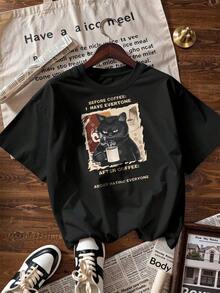 Black Cat T-Shirt With "Before Coffee / After Coffee" Text, Fashionable Short-Sleeve T-Shirt For Spring/Summer 2026, Made In Mexico, 180 Grams. Cartoon Print, Couple Design, Suitable For Indoor Or Outdoor Wear. Crew Neck, Unisex, Ideal For The Office And Leisure. One-Pack. - BK-P631577SLNDXZGY625 - 查看 4