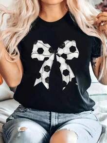 Women's Casual Black Crew Neck Sports T-Shirt - Elastic And Machine Washable, For All Seasons, Perfect To Pair With Light Blue Ripped Jeans And A Platinum Blonde Hair Look, With A Comfortable Fit For Everyday Wear. - 黑色 - 查看 1