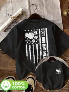 | Exquisite Design | Loose And Comfortable | Easy To Match | [Double-Sided Print] Women's Summer Casual T-Shirt, Vintage Style, Distressed Elements, "Best Dog Dad Ever" Print, Crew Neck, Pure Cotton, Short Sleeve - 黑色 - 查看 1