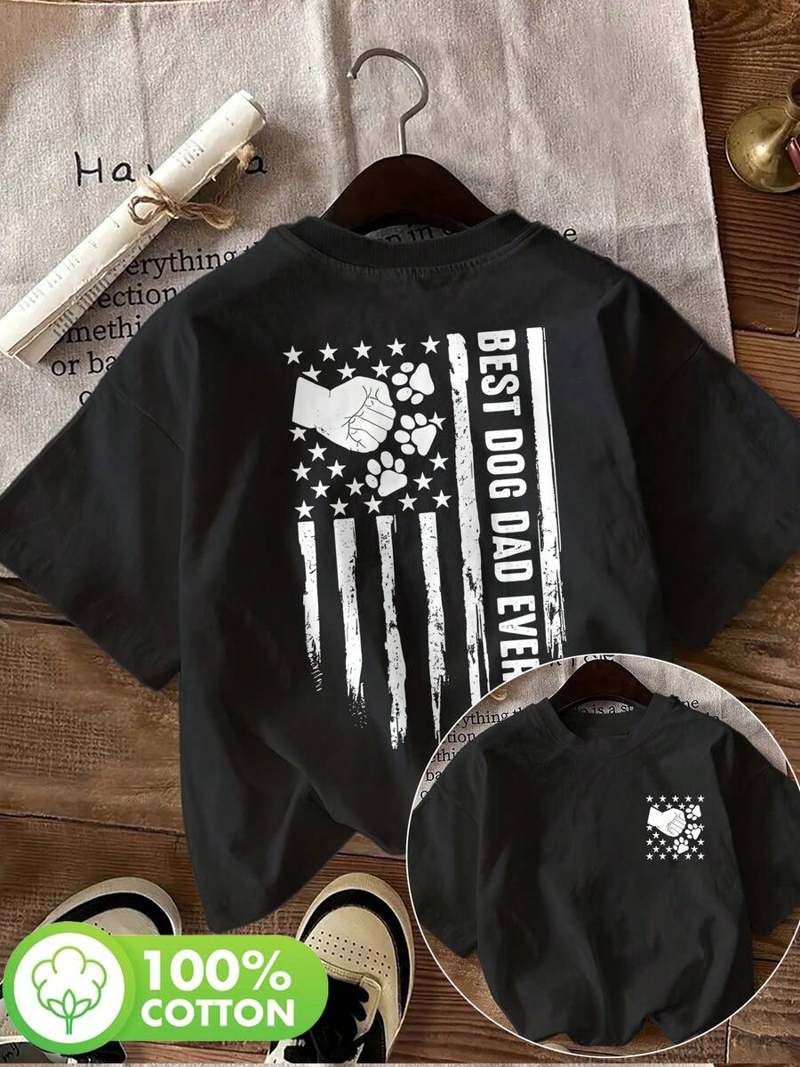 | Exquisite Design | Loose And Comfortable | Easy To Match | [Double-Sided Print] Women's Summer Casual T-Shirt, Vintage Style, Distressed Elements, "Best Dog Dad Ever" Print, Crew Neck, Pure Cotton, Short Sleeve - 黑色 - 查看 1
