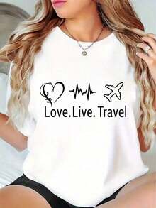 Nueva camiseta de moda para mujer con cuello redondo, estilo casual, con estampado gráfico de Love Live Travel, para el verano, para entusiastas de los viajes y como regalo para amigos. Diseño versátil listo para el verano. - Blanco - Ver 5