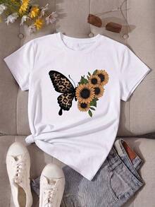 Women's Casual Short Sleeve Crew Neck T-Shirt With Leopard, Butterfly, And Sunflower Print, Regular Fit For Summer. Suitable As A Gift. Women's T-Shirt. Elegant Blouses. Boho Chic. Soft, Breathable, And Comfortable Women's Top, Ideal For Spring, Summer, And Autumn, Perfect For Vacations, Travel, And Everyday Wear. - 白色的 - 查看 3