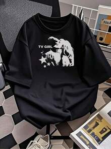 Women's T-Shirt With A Retro TV Girl Print, A  Short-Sleeved Crew Neck Tee With A Unique Star Design, A Comfortable And Casual Garment, And An Ideal Gift Choice. A Wardrobe Essential For LGBTQ+ Individuals. - 黑色 - 查看 11