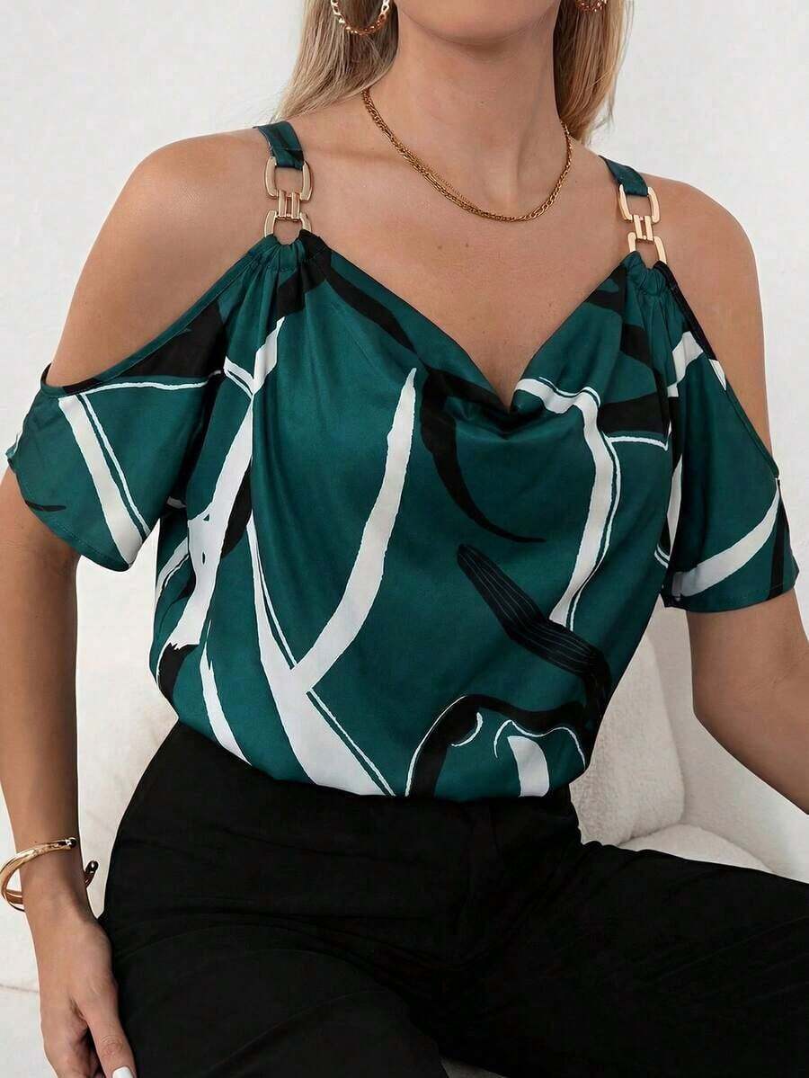 Clasi Blusa con estampado total, detalle de cadena en los hombros descubiertos, parte superior con hombros descubiertos - Verde Oliva - Ver 1