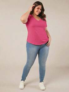 BASICS Camiseta casual versátil de manga corta y cuello en V de talla grande para mujer - Rosa Fucsia - Ver 4
