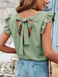 Frenchy Blusa de verano para mujer con volantes y cruce de tirantes en la espalda en color liso - verde menta - Ver 6