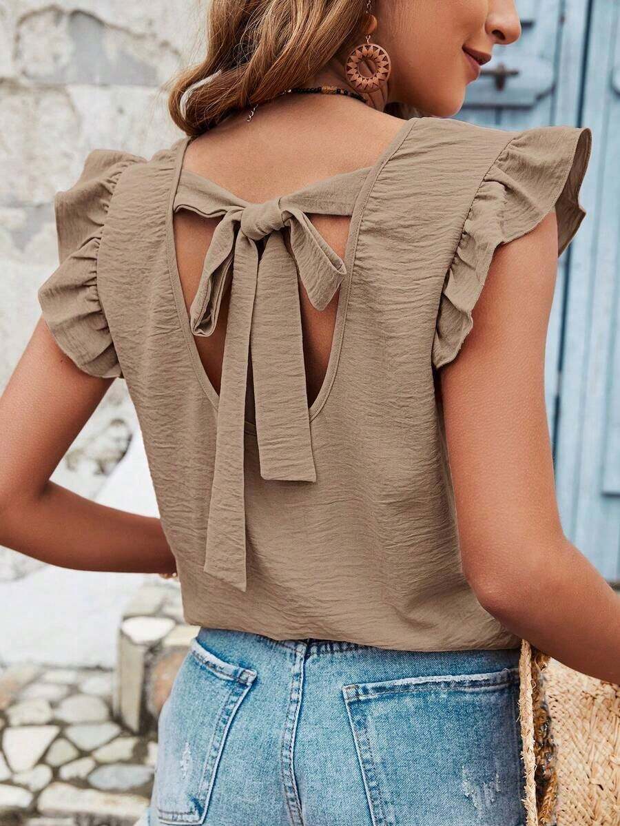 Frenchy Blusa de verano para mujer con volantes y cruce de tirantes en la espalda en color liso - Marrón Mocha - Ver 1