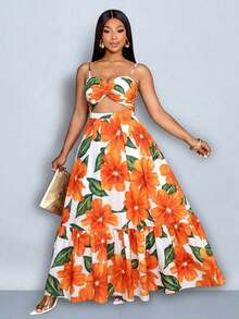 Vestido maxi elegante y casual para mujer de talla grande con estampado floral romántico, sin mangas, con cintura ceñida y nudo, tirantes de espagueti, para vacaciones en la playa, primavera y verano, para el verano en Hawái, vestidos de verano p - Naranja - Ver 5