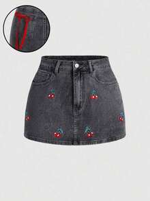 MOD Falda vaquera casual con bolsillo bordado con cerezas para mujer - Negro - Ver 8