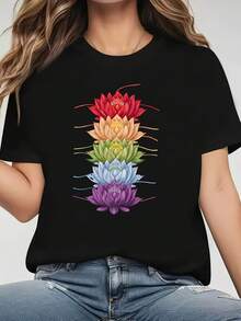 ¡Oferta por tiempo limitado, unidades limitadas,  relámpago! Camisas casuales para mujer, camisetas de poliéster para mujer, camisas elegantes.Esta camiseta para mujer presenta un estampado de loto con siete chakras, mangas cortas, cuello redondo y es lavable a máquina. Es ideal para primavera, verano y otoño, ofreciendo un estilo casual, un ajuste cómodo, un diseño moderno y versatilidad para el uso diario. El tejido es suave y el diseño es original. - Negro - Ver 8