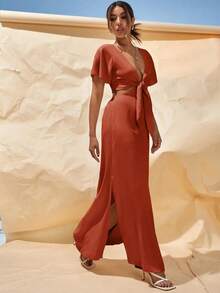 Vestido largo estilo maxi para verano con escote en V profundo, cierre delantero, abertura en la cintura y bajo con abertura - Naranja Quemada - Ver 4